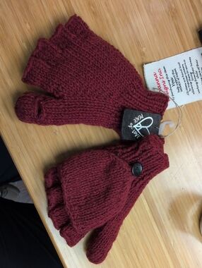 NWT Burgundy Wool Knit Fingerless Gloves Convertible to Mittens, Fleece Lined